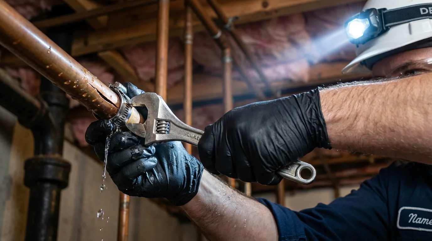 Emergency pipe clamp repair being performed by a Johns Plumbing LLC plumber in Monroe