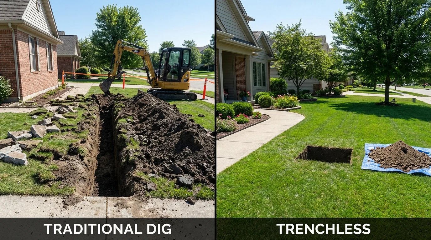 Trenchless sewer repair with minimal yard damage versus traditional excavation in Monroe, LA